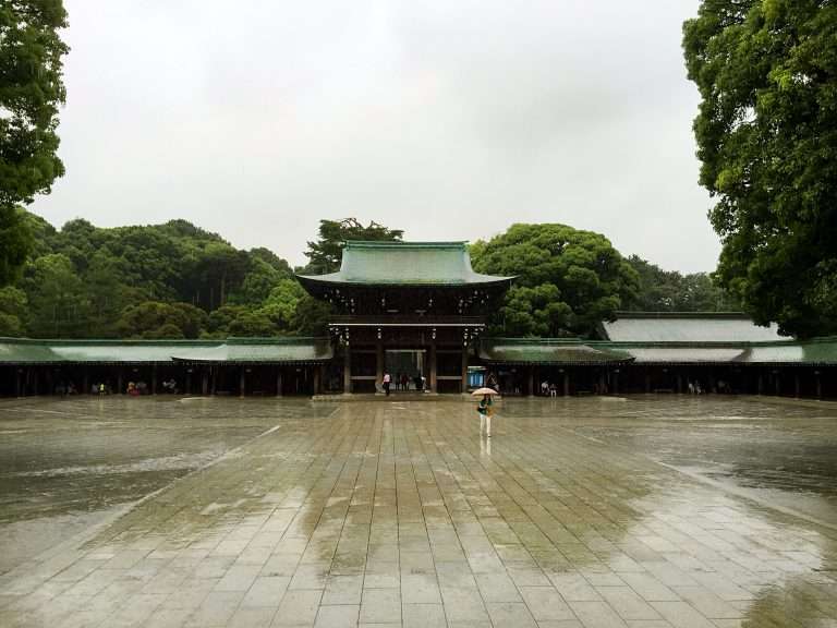 Meiji Shrine gate in the rain, Tokyo