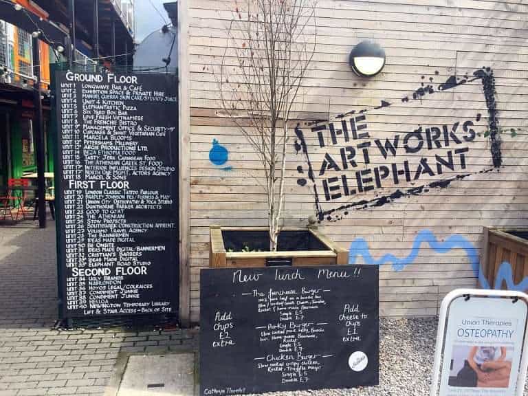 Entrance and lunch menu boards at The Artworks Elephant, Elephant & Castle