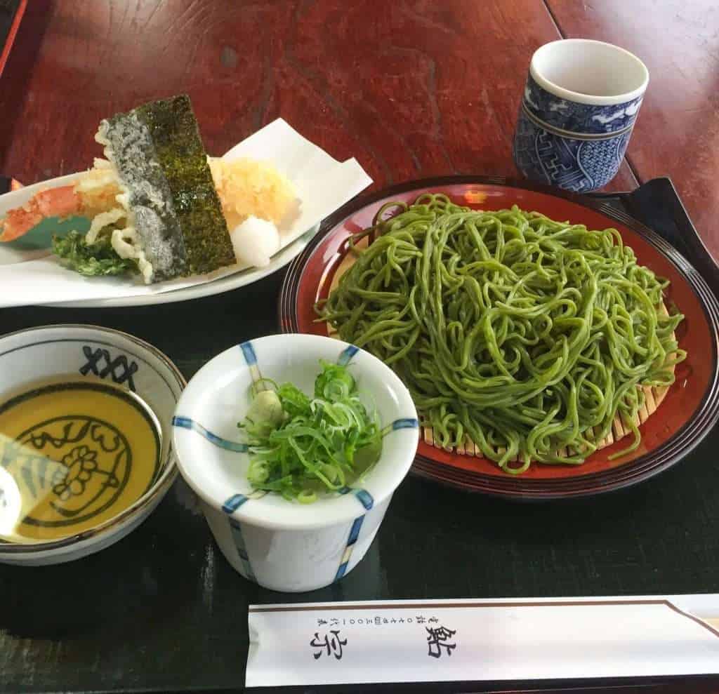 Matcha (green tea) soba, popular Japanese dish in Kyoto