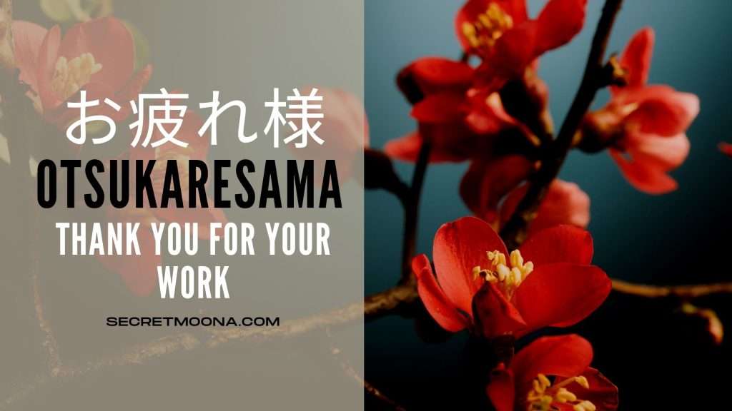 Otsukaresama (お疲れ様) meaning thank you for your work, shown beside red flowering quince blossom on a dark branch