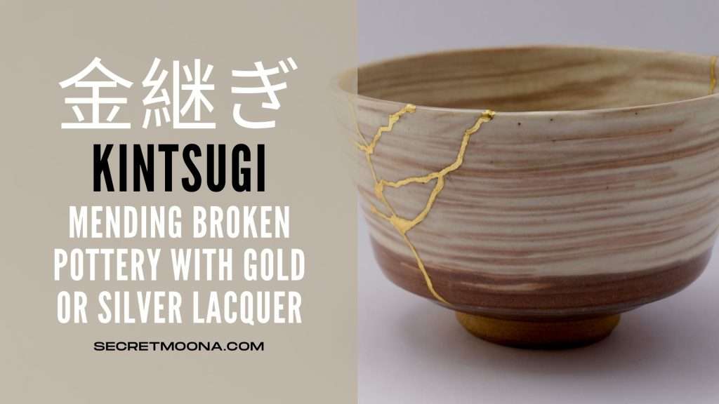 Kintsugi (金継ぎ), a cream and brown tea bowl repaired with veins of gold lacquer running across the cracks