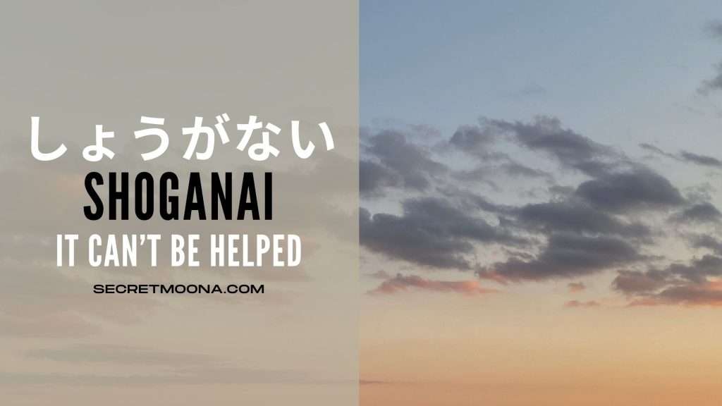 Shōganai (しょうがない) meaning it cannot be helped, shown beside soft grey clouds drifting across a pale sunset sky