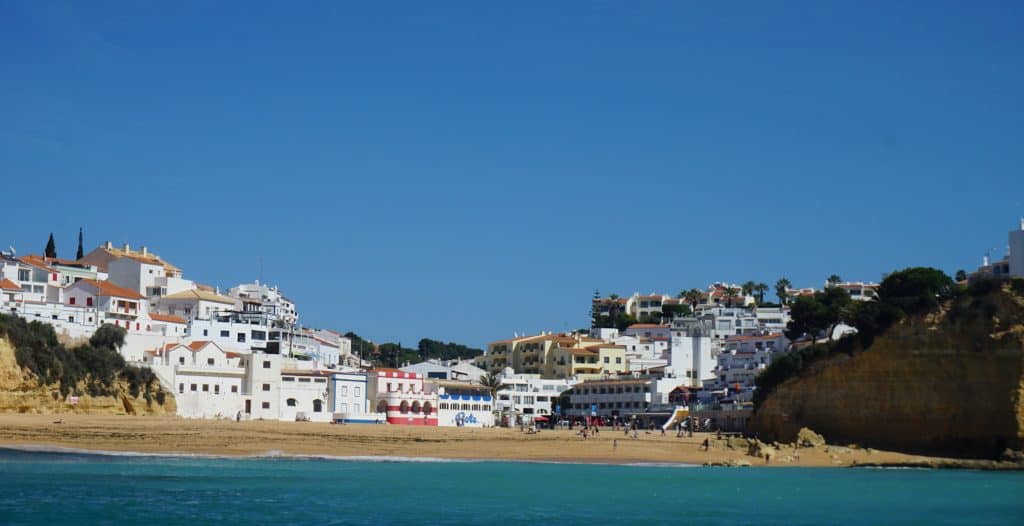 Coastal town of Carvoeiro - view from the ocean. Algarve cities