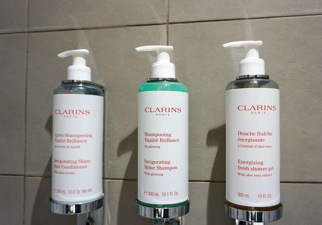 Clarins skincare products in Classic room at Park Hotel Grenoble