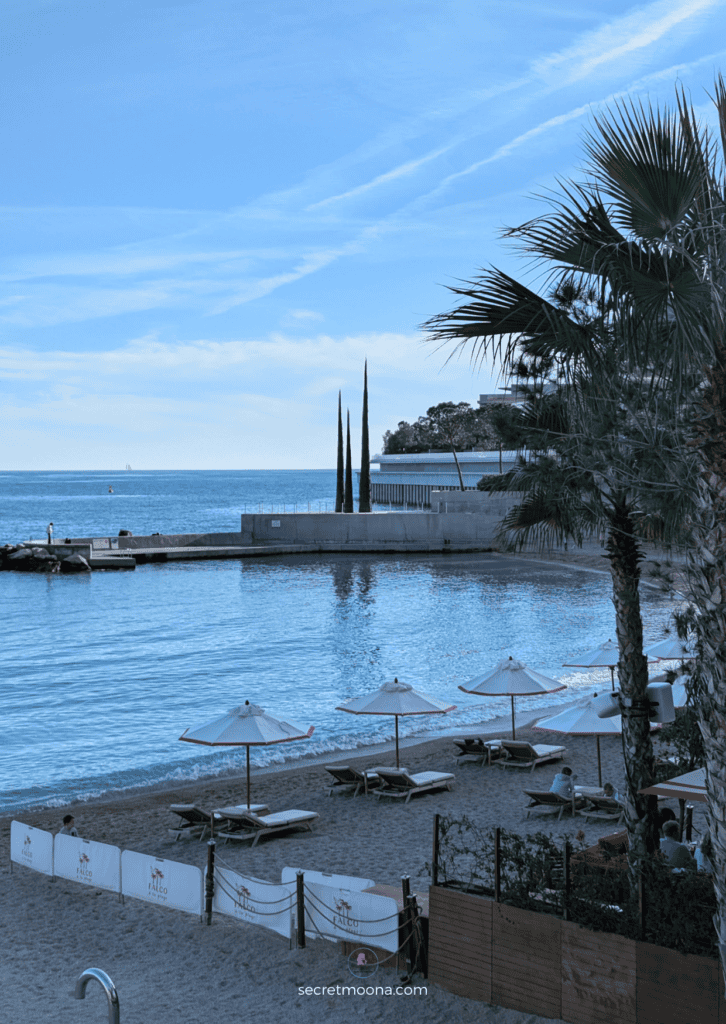 Larvotto Beach _ A beautiful beach in Monaco adorned with umbrellas and palm trees, capturing the essence of a delightful day trip.
