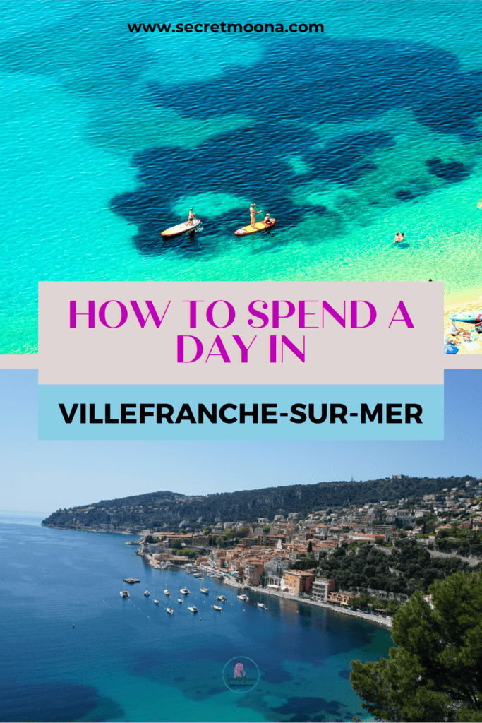 How To Spend One Day In Villefranche-sur-Mer: Things To Do 26 Pinterest graphic featuring kayakers in turquoise water and a coastal view of the town, with the text “How to Spend a Day in Villefranche-sur-Mer”