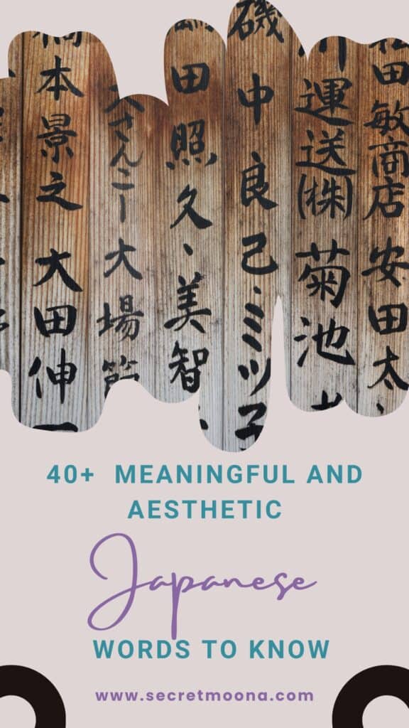 Pinterest pin reading “40+ meaningful and aesthetic Japanese words to know” over wooden Japanese votive plaques hand-painted with names in kanji and katakana