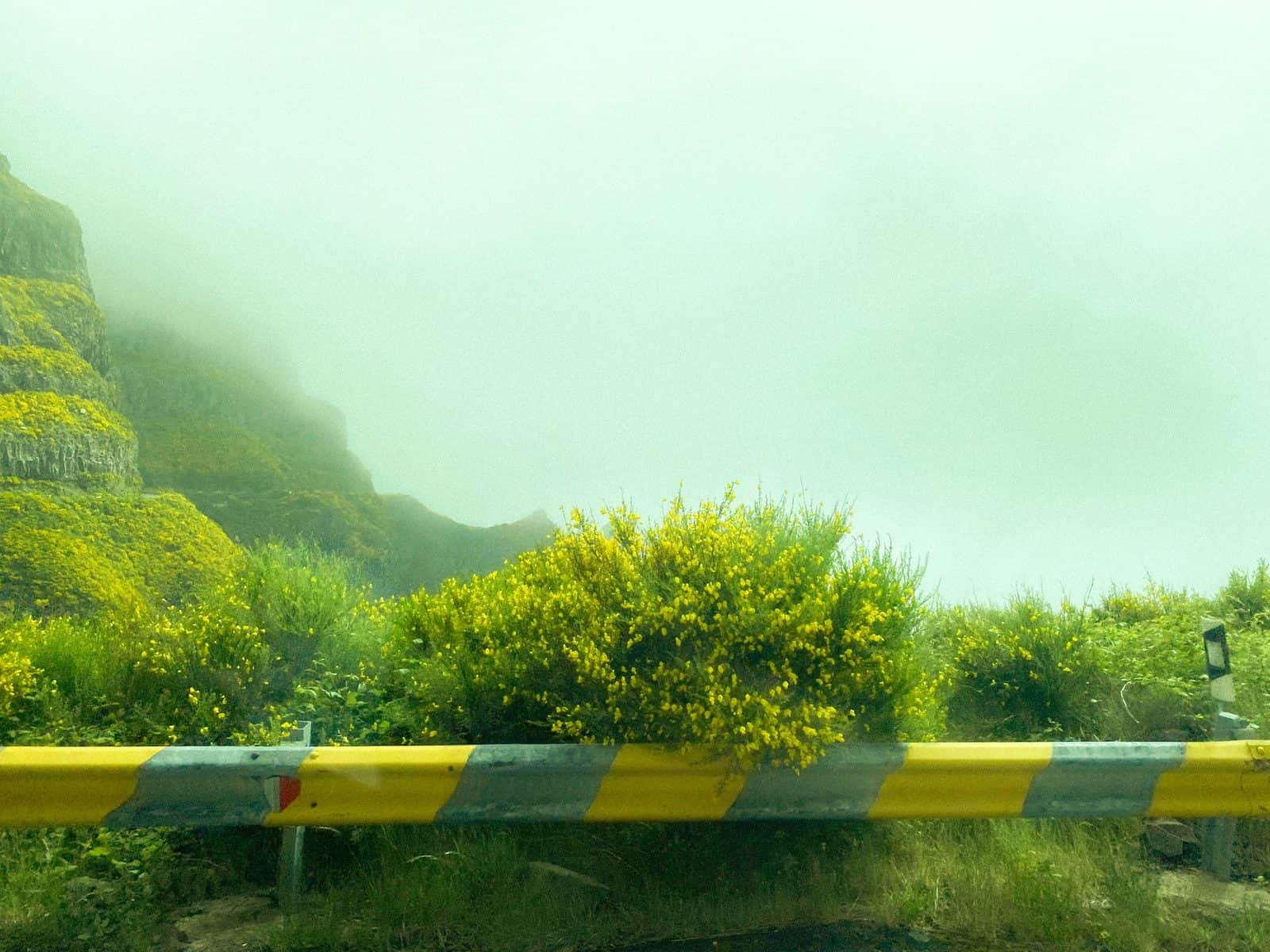 Low cloud spilling over a green ridge beside a mountain road on Madeira