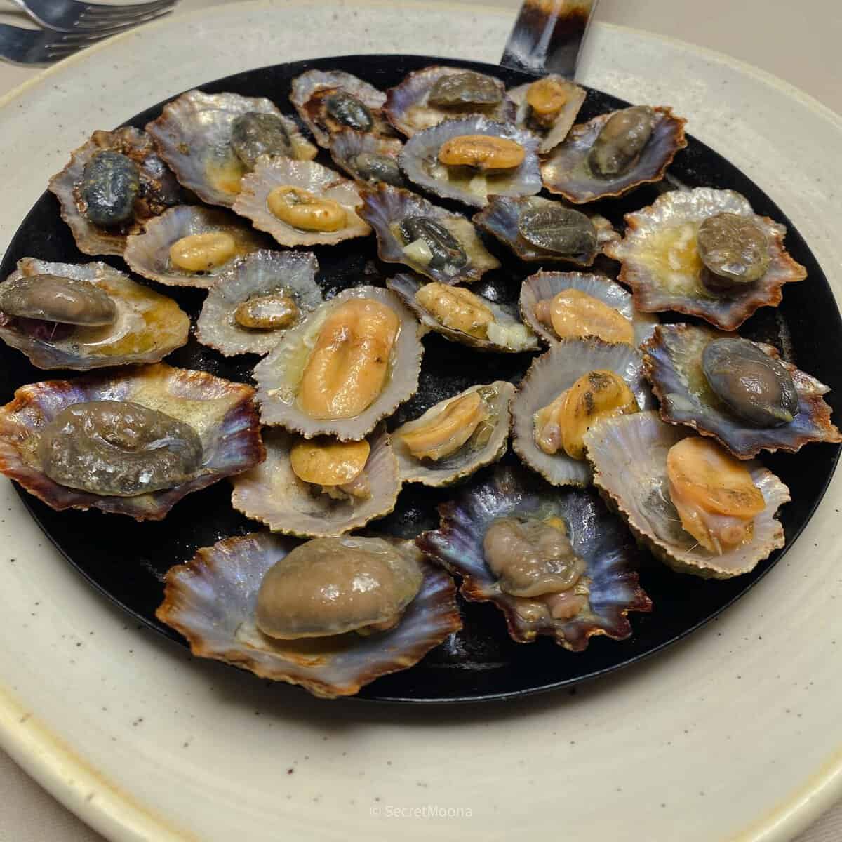A round plate of grilled limpets, lapas, served in their shells with butter and lemon