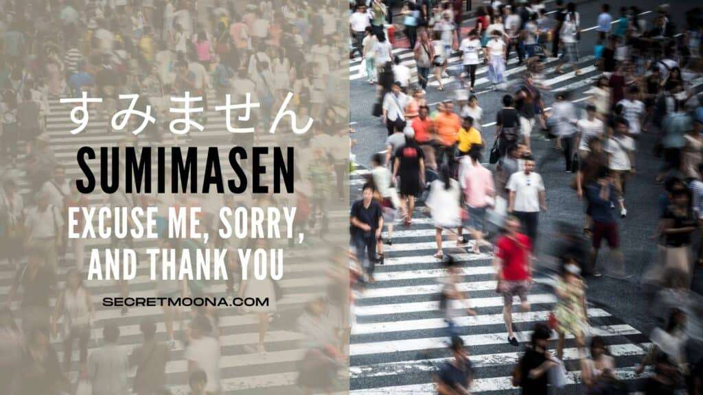 Sumimasen (すみません) meaning excuse me, sorry and thank you, shown beside crowds streaming across a wide Tokyo pedestrian crossing