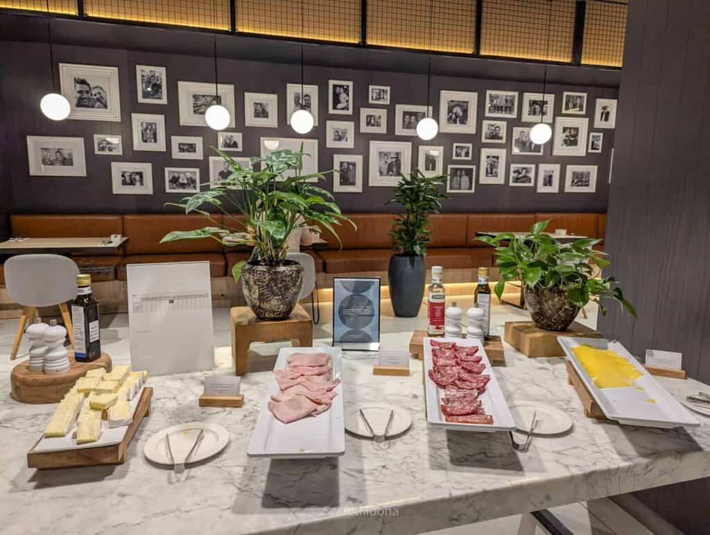 Cold meats and cheeses on the breakfast buffet