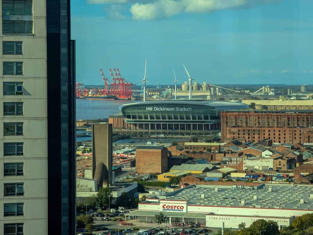 View from the Sky Bar over the docks to Everton's Hill Dickinson Stadium